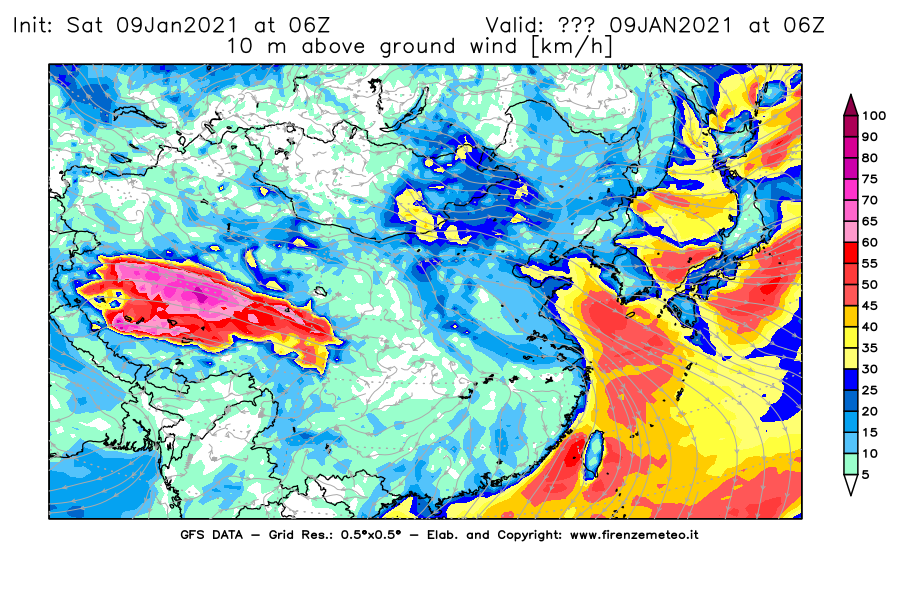 Mappa di analisi GFS - Velocità del vento a 10 metri dal suolo [km/h] in Asia Orientale
							del 09/01/2021 06 <!--googleoff: index-->UTC<!--googleon: index-->