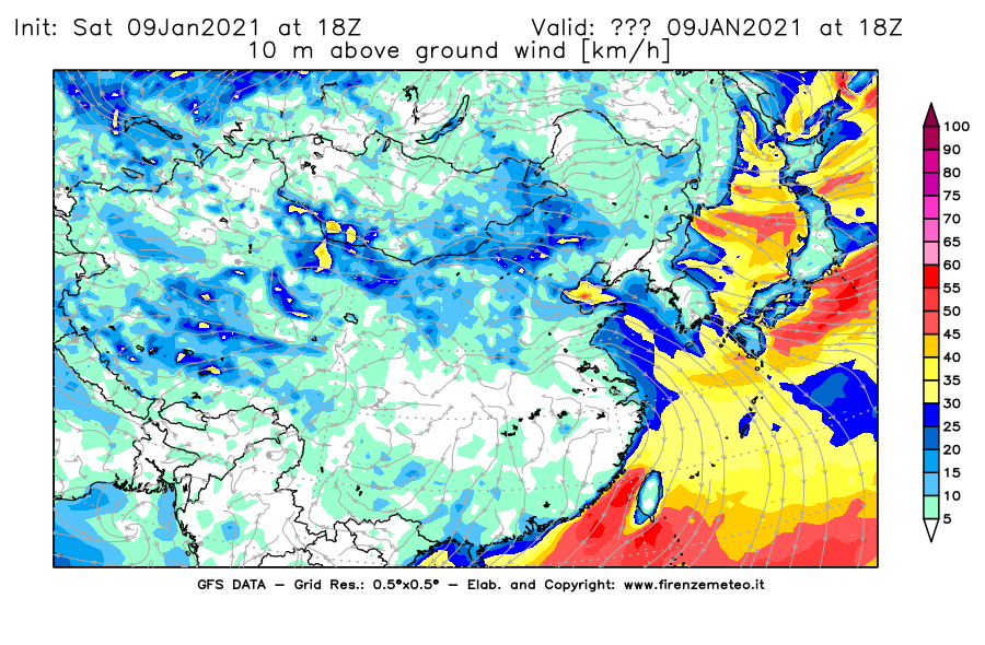 Mappa di analisi GFS - Velocità del vento a 10 metri dal suolo [km/h] in Asia Orientale
							del 09/01/2021 18 <!--googleoff: index-->UTC<!--googleon: index-->
