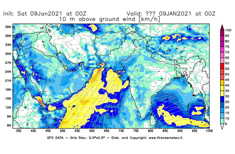 Mappa di analisi GFS - Velocità del vento a 10 metri dal suolo [km/h] in Asia Sud-Occidentale
							del 09/01/2021 00 <!--googleoff: index-->UTC<!--googleon: index-->