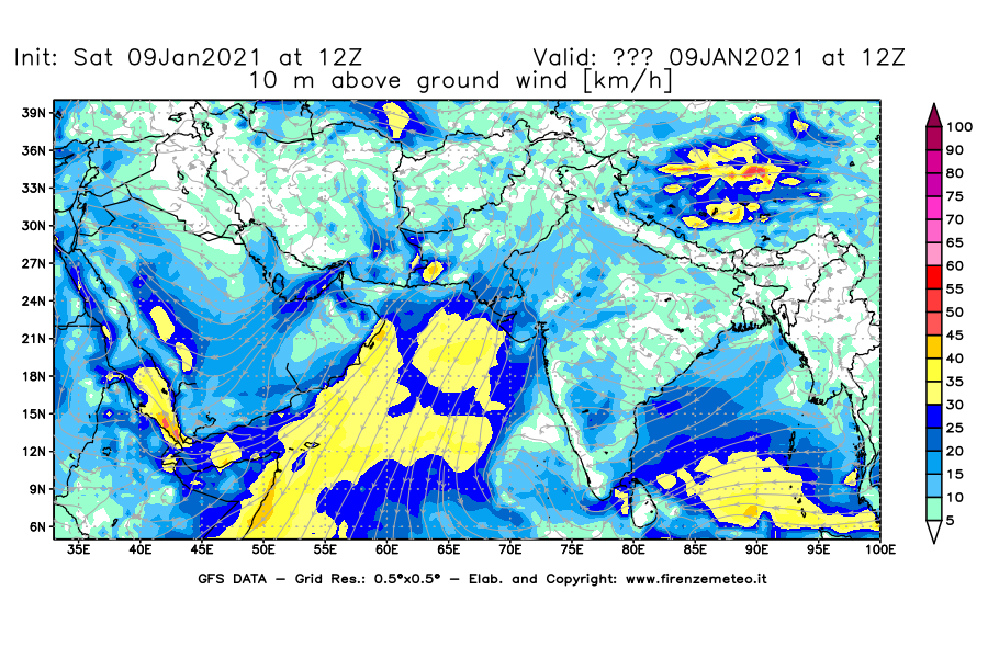 Mappa di analisi GFS - Velocità del vento a 10 metri dal suolo [km/h] in Asia Sud-Occidentale
							del 09/01/2021 12 <!--googleoff: index-->UTC<!--googleon: index-->