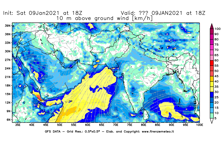 Mappa di analisi GFS - Velocità del vento a 10 metri dal suolo [km/h] in Asia Sud-Occidentale
							del 09/01/2021 18 <!--googleoff: index-->UTC<!--googleon: index-->
