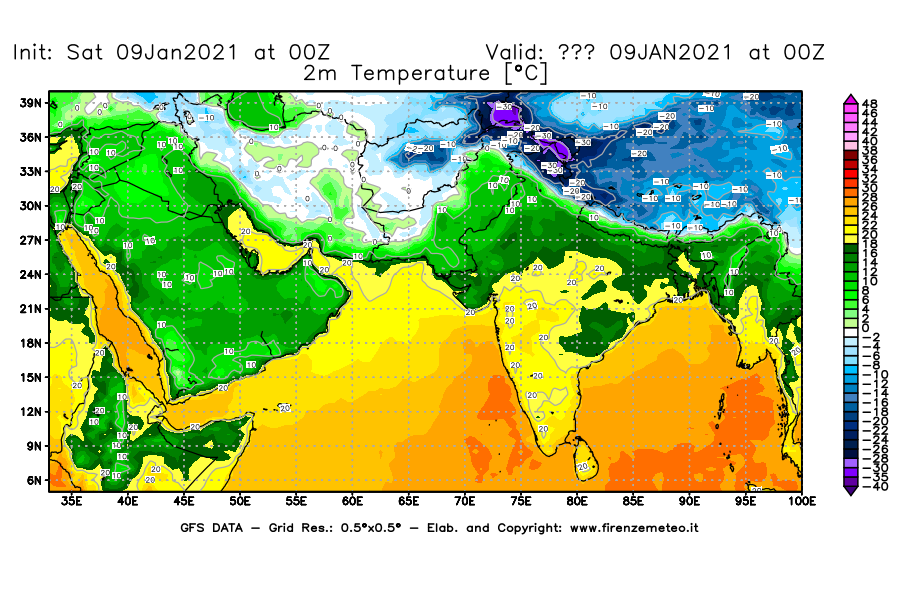 Mappa di analisi GFS - Temperatura a 2 metri dal suolo [°C] in Asia Sud-Occidentale
							del 09/01/2021 00 <!--googleoff: index-->UTC<!--googleon: index-->
