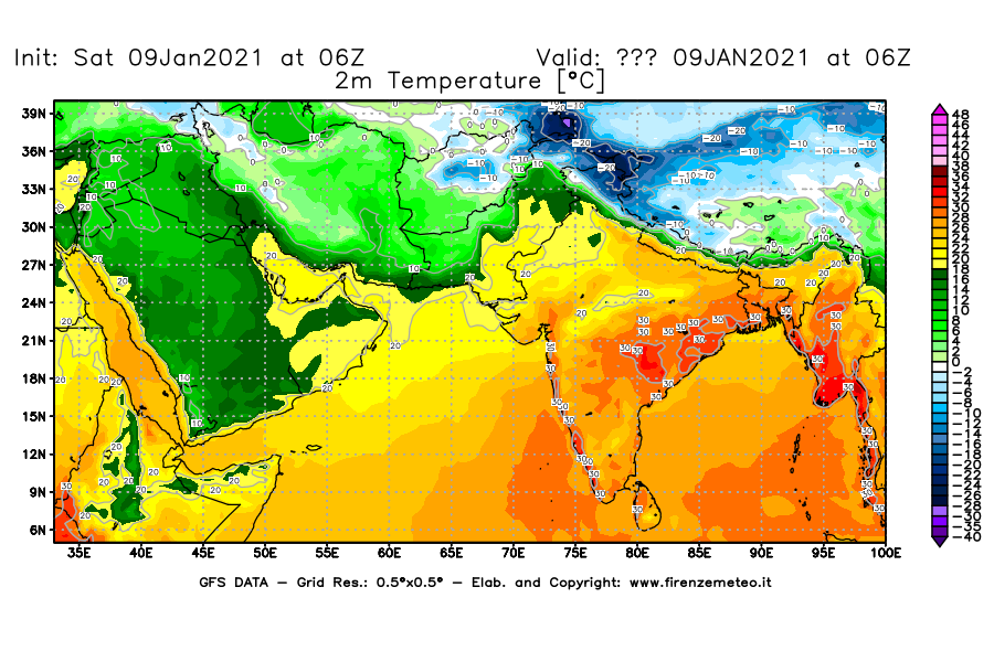 Mappa di analisi GFS - Temperatura a 2 metri dal suolo [°C] in Asia Sud-Occidentale
							del 09/01/2021 06 <!--googleoff: index-->UTC<!--googleon: index-->