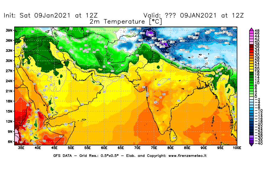 Mappa di analisi GFS - Temperatura a 2 metri dal suolo [°C] in Asia Sud-Occidentale
							del 09/01/2021 12 <!--googleoff: index-->UTC<!--googleon: index-->