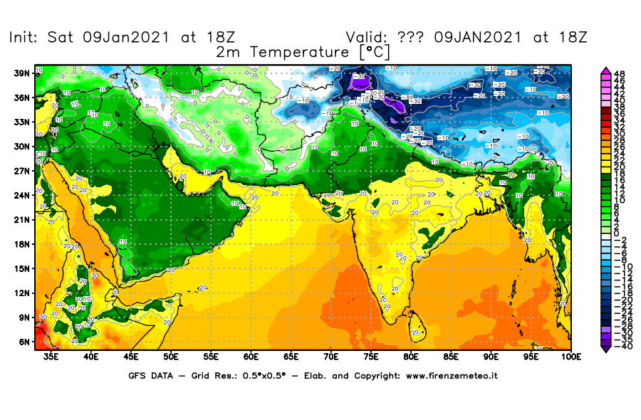 Mappa di analisi GFS - Temperatura a 2 metri dal suolo [°C] in Asia Sud-Occidentale
							del 09/01/2021 18 <!--googleoff: index-->UTC<!--googleon: index-->