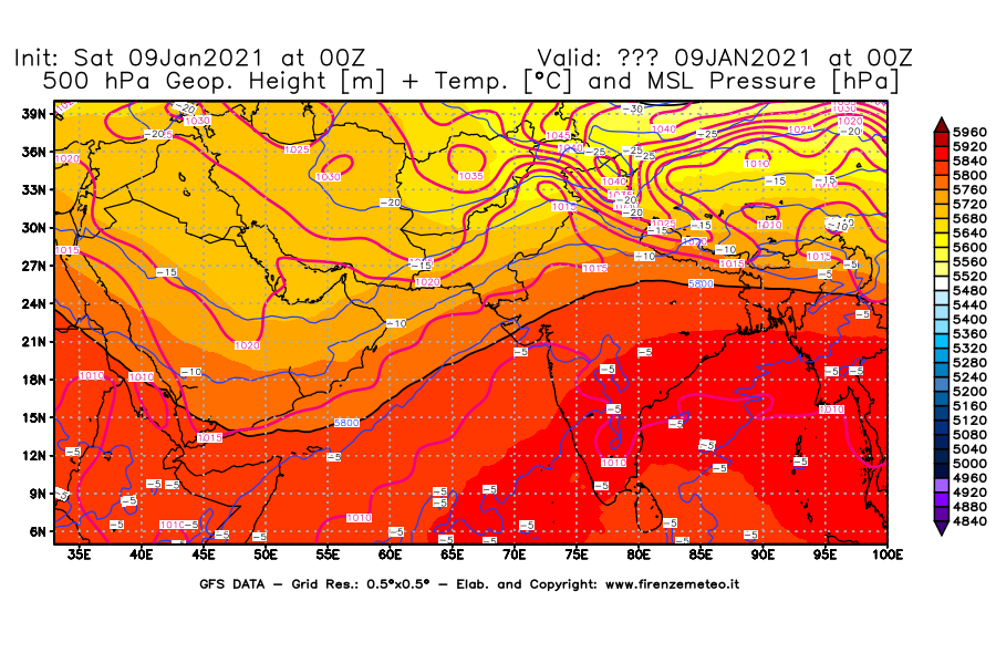 Mappa di analisi GFS - Geopotenziale [m] + Temp. [°C] a 500 hPa + Press. a livello del mare [hPa] in Asia Sud-Occidentale
							del 09/01/2021 00 <!--googleoff: index-->UTC<!--googleon: index-->