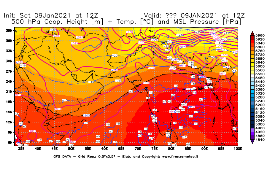 Mappa di analisi GFS - Geopotenziale [m] + Temp. [°C] a 500 hPa + Press. a livello del mare [hPa] in Asia Sud-Occidentale
							del 09/01/2021 12 <!--googleoff: index-->UTC<!--googleon: index-->