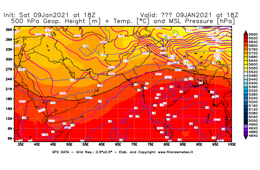 Mappa di analisi GFS - Geopotenziale [m] + Temp. [°C] a 500 hPa + Press. a livello del mare [hPa] in Asia Sud-Occidentale
							del 09/01/2021 18 <!--googleoff: index-->UTC<!--googleon: index-->