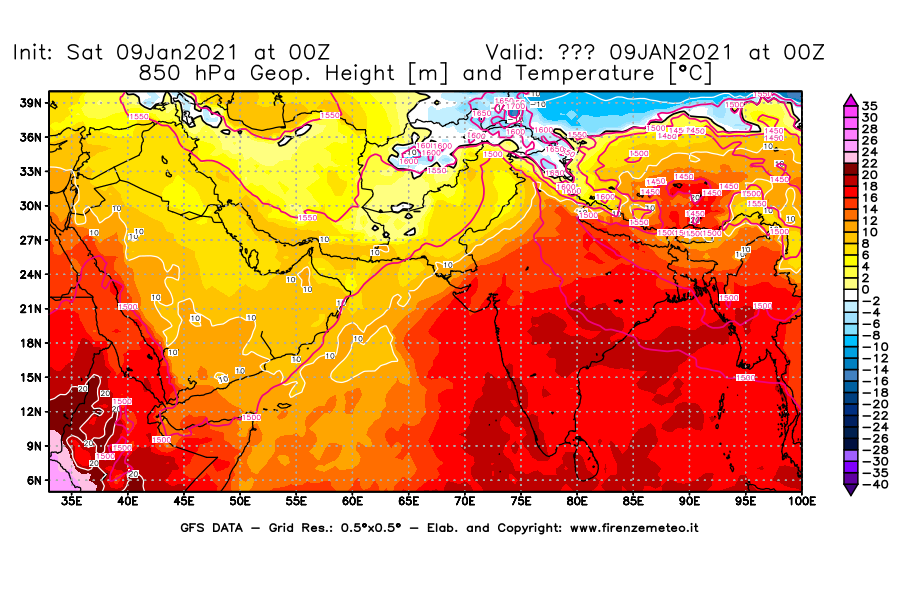 Mappa di analisi GFS - Geopotenziale [m] e Temperatura [°C] a 850 hPa in Asia Sud-Occidentale
							del 09/01/2021 00 <!--googleoff: index-->UTC<!--googleon: index-->