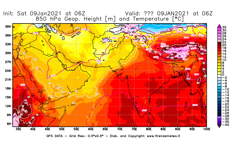 Mappa di analisi GFS - Geopotenziale [m] e Temperatura [°C] a 850 hPa in Asia Sud-Occidentale
							del 09/01/2021 06 <!--googleoff: index-->UTC<!--googleon: index-->