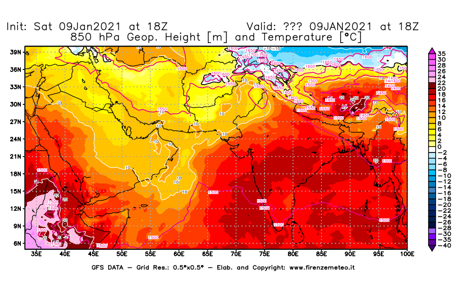 Mappa di analisi GFS - Geopotenziale [m] e Temperatura [°C] a 850 hPa in Asia Sud-Occidentale
							del 09/01/2021 18 <!--googleoff: index-->UTC<!--googleon: index-->