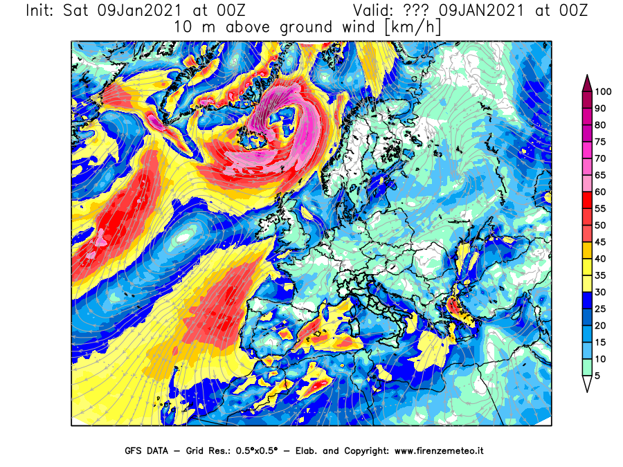 Mappa di analisi GFS - Velocità del vento a 10 metri dal suolo [km/h] in Europa
							del 09/01/2021 00 <!--googleoff: index-->UTC<!--googleon: index-->