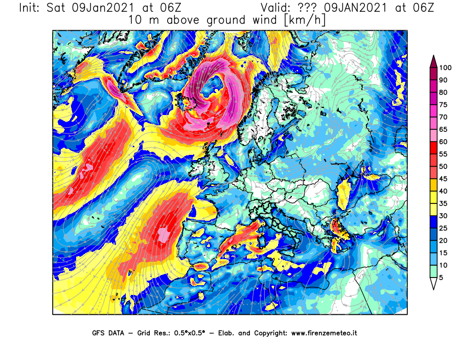 Mappa di analisi GFS - Velocità del vento a 10 metri dal suolo [km/h] in Europa
							del 09/01/2021 06 <!--googleoff: index-->UTC<!--googleon: index-->