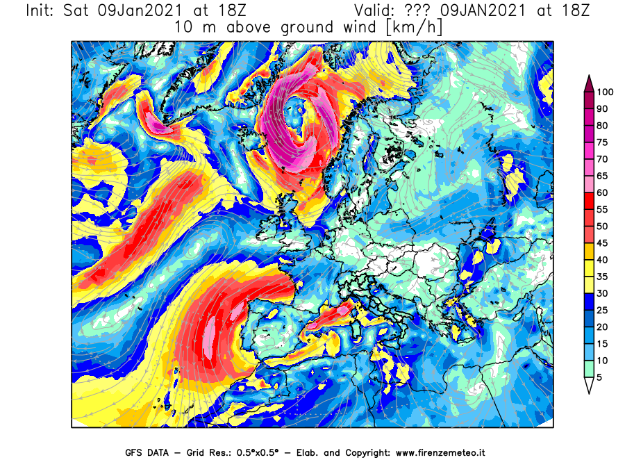 Mappa di analisi GFS - Velocità del vento a 10 metri dal suolo [km/h] in Europa
							del 09/01/2021 18 <!--googleoff: index-->UTC<!--googleon: index-->