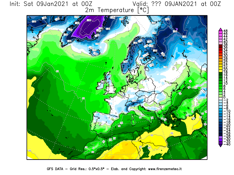 Mappa di analisi GFS - Temperatura a 2 metri dal suolo [°C] in Europa
							del 09/01/2021 00 <!--googleoff: index-->UTC<!--googleon: index-->