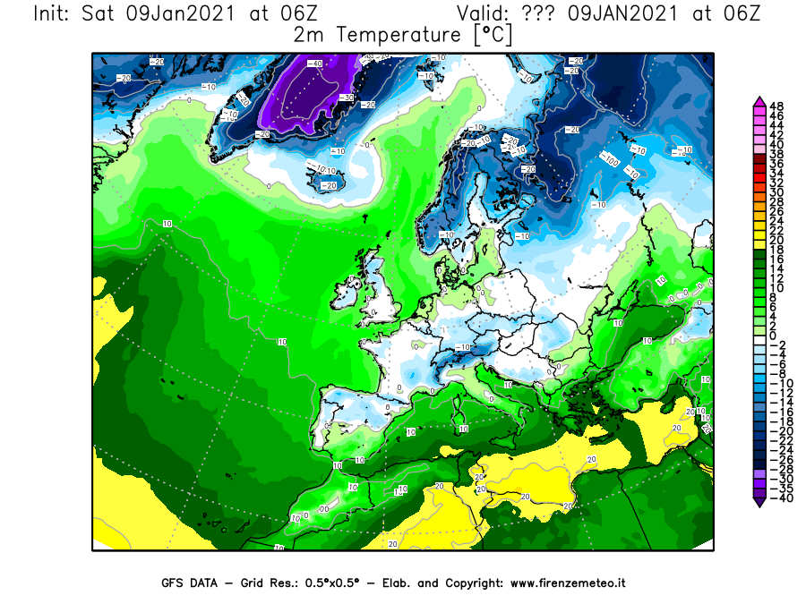 Mappa di analisi GFS - Temperatura a 2 metri dal suolo [°C] in Europa
							del 09/01/2021 06 <!--googleoff: index-->UTC<!--googleon: index-->
