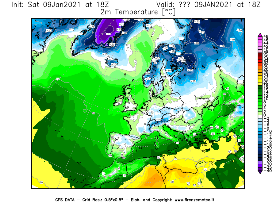 Mappa di analisi GFS - Temperatura a 2 metri dal suolo [°C] in Europa
							del 09/01/2021 18 <!--googleoff: index-->UTC<!--googleon: index-->