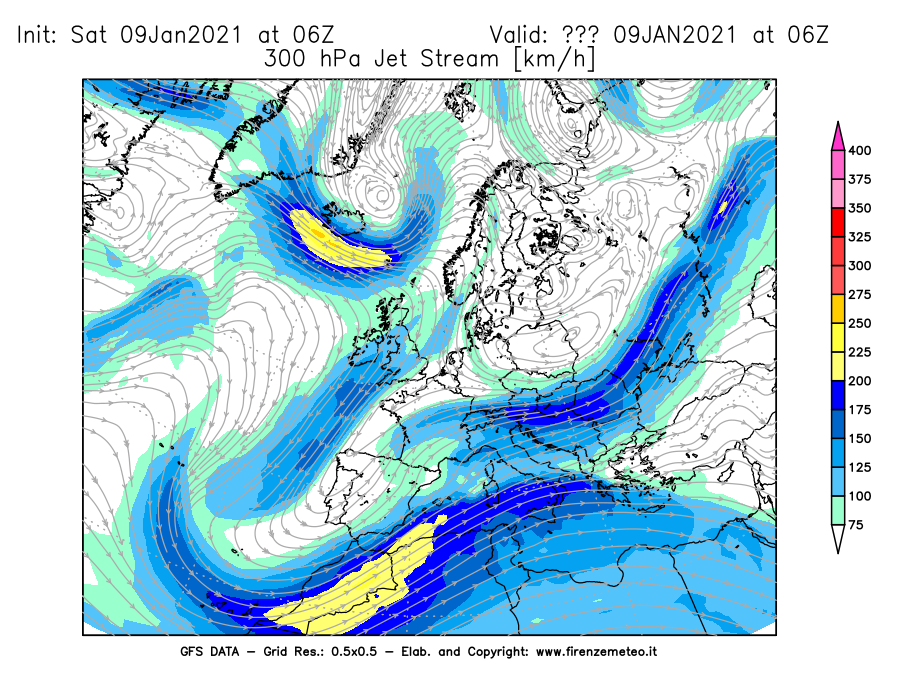 Mappa di analisi GFS - Jet Stream a 300 hPa in Europa
							del 09/01/2021 06 <!--googleoff: index-->UTC<!--googleon: index-->