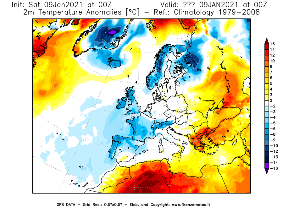 Mappa di analisi GFS - Anomalia Temperatura [°C] a 2 m in Europa
							del 09/01/2021 00 <!--googleoff: index-->UTC<!--googleon: index-->