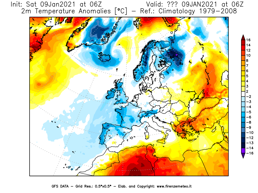 Mappa di analisi GFS - Anomalia Temperatura [°C] a 2 m in Europa
							del 09/01/2021 06 <!--googleoff: index-->UTC<!--googleon: index-->