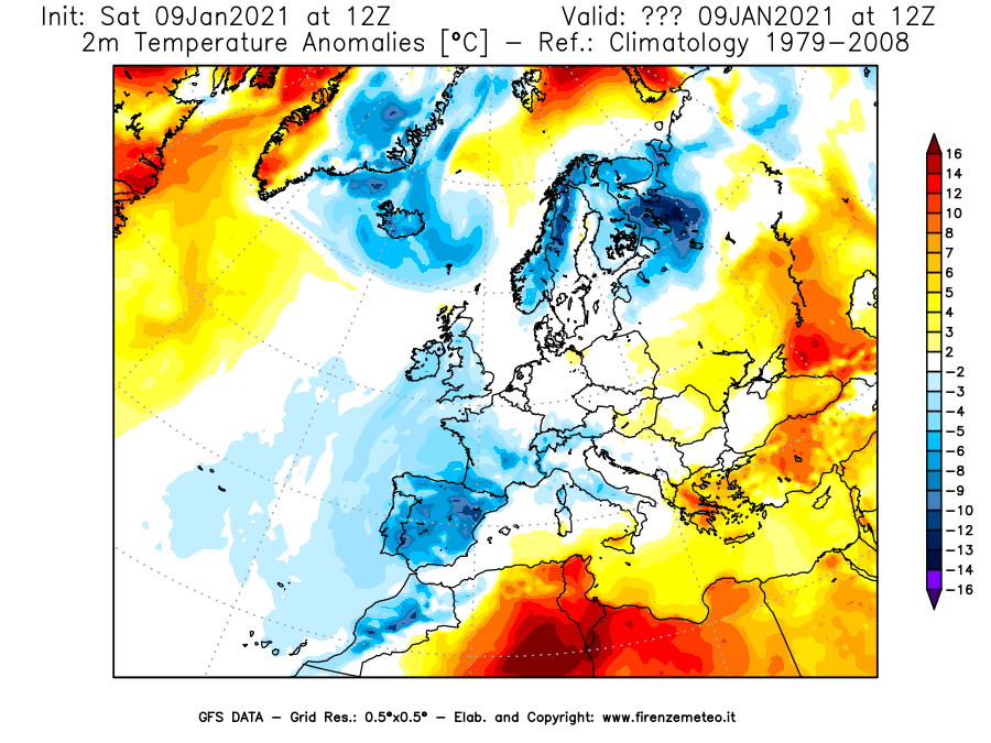 Mappa di analisi GFS - Anomalia Temperatura [°C] a 2 m in Europa
							del 09/01/2021 12 <!--googleoff: index-->UTC<!--googleon: index-->