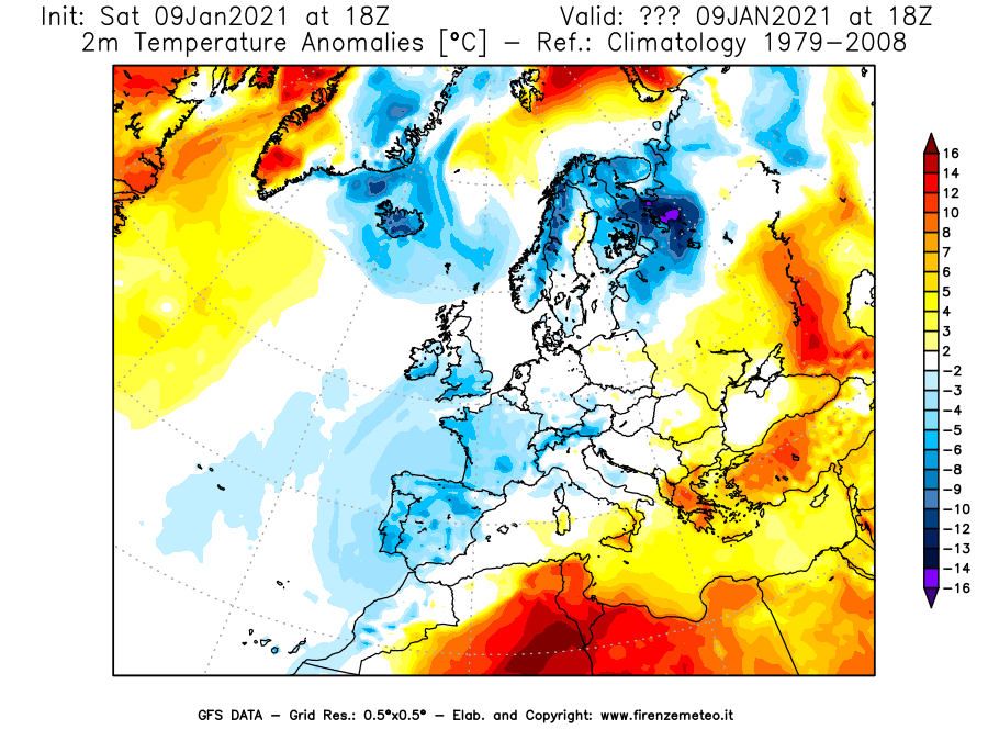 Mappa di analisi GFS - Anomalia Temperatura [°C] a 2 m in Europa
							del 09/01/2021 18 <!--googleoff: index-->UTC<!--googleon: index-->