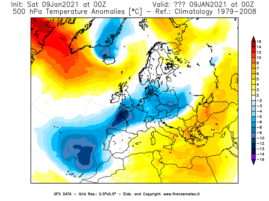 Mappa di analisi GFS - Anomalia Temperatura [°C] a 500 hPa in Europa
							del 09/01/2021 00 <!--googleoff: index-->UTC<!--googleon: index-->