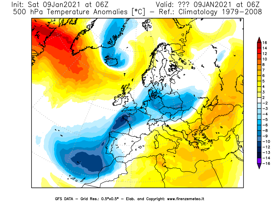 Mappa di analisi GFS - Anomalia Temperatura [°C] a 500 hPa in Europa
							del 09/01/2021 06 <!--googleoff: index-->UTC<!--googleon: index-->
