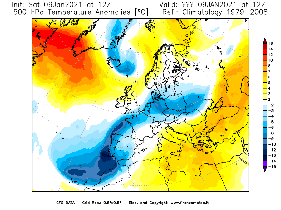Mappa di analisi GFS - Anomalia Temperatura [°C] a 500 hPa in Europa
							del 09/01/2021 12 <!--googleoff: index-->UTC<!--googleon: index-->