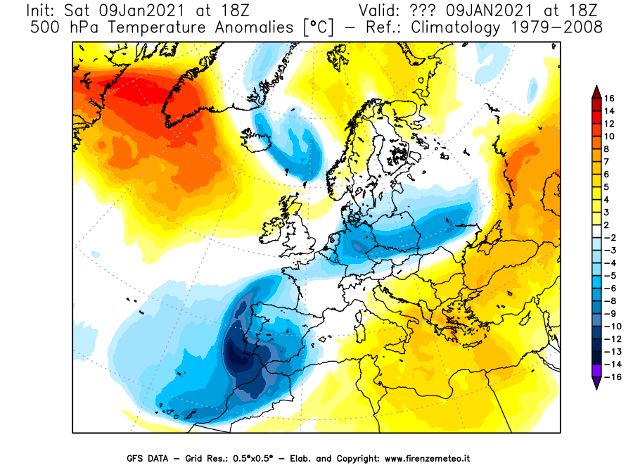 Mappa di analisi GFS - Anomalia Temperatura [°C] a 500 hPa in Europa
							del 09/01/2021 18 <!--googleoff: index-->UTC<!--googleon: index-->