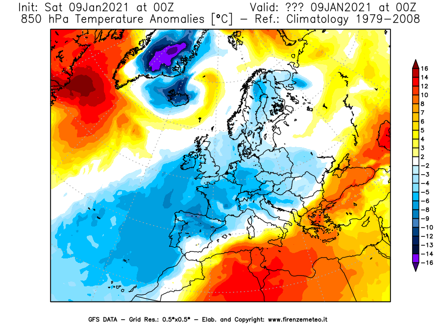 Mappa di analisi GFS - Anomalia Temperatura [°C] a 850 hPa in Europa
							del 09/01/2021 00 <!--googleoff: index-->UTC<!--googleon: index-->