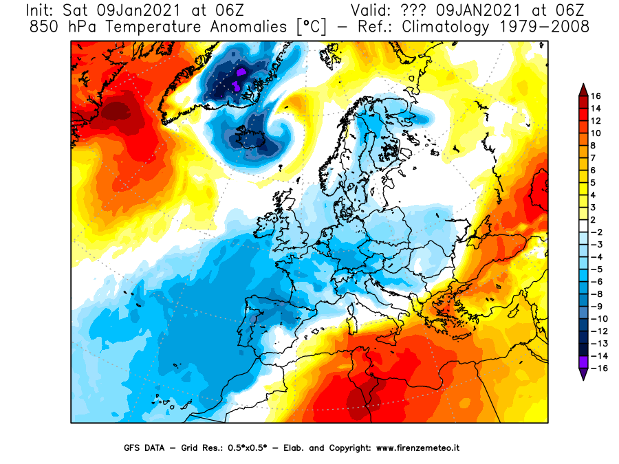 Mappa di analisi GFS - Anomalia Temperatura [°C] a 850 hPa in Europa
							del 09/01/2021 06 <!--googleoff: index-->UTC<!--googleon: index-->