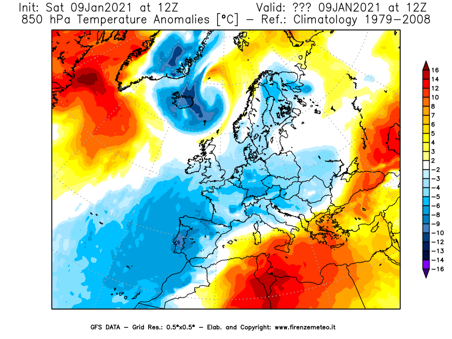 Mappa di analisi GFS - Anomalia Temperatura [°C] a 850 hPa in Europa
							del 09/01/2021 12 <!--googleoff: index-->UTC<!--googleon: index-->