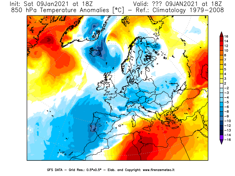 Mappa di analisi GFS - Anomalia Temperatura [°C] a 850 hPa in Europa
							del 09/01/2021 18 <!--googleoff: index-->UTC<!--googleon: index-->