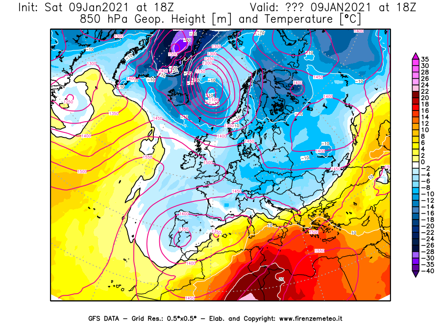 Mappa di analisi GFS - Geopotenziale [m] e Temperatura [°C] a 850 hPa in Europa
							del 09/01/2021 18 <!--googleoff: index-->UTC<!--googleon: index-->