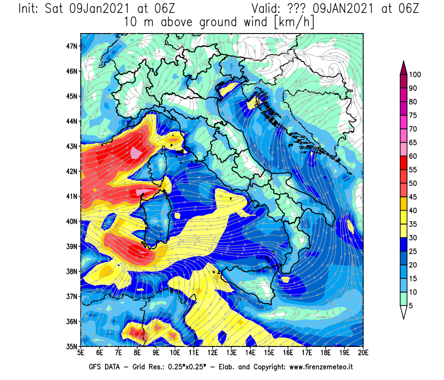 Mappa di analisi GFS - Velocità del vento a 10 metri dal suolo [km/h] in Italia
							del 09/01/2021 06 <!--googleoff: index-->UTC<!--googleon: index-->