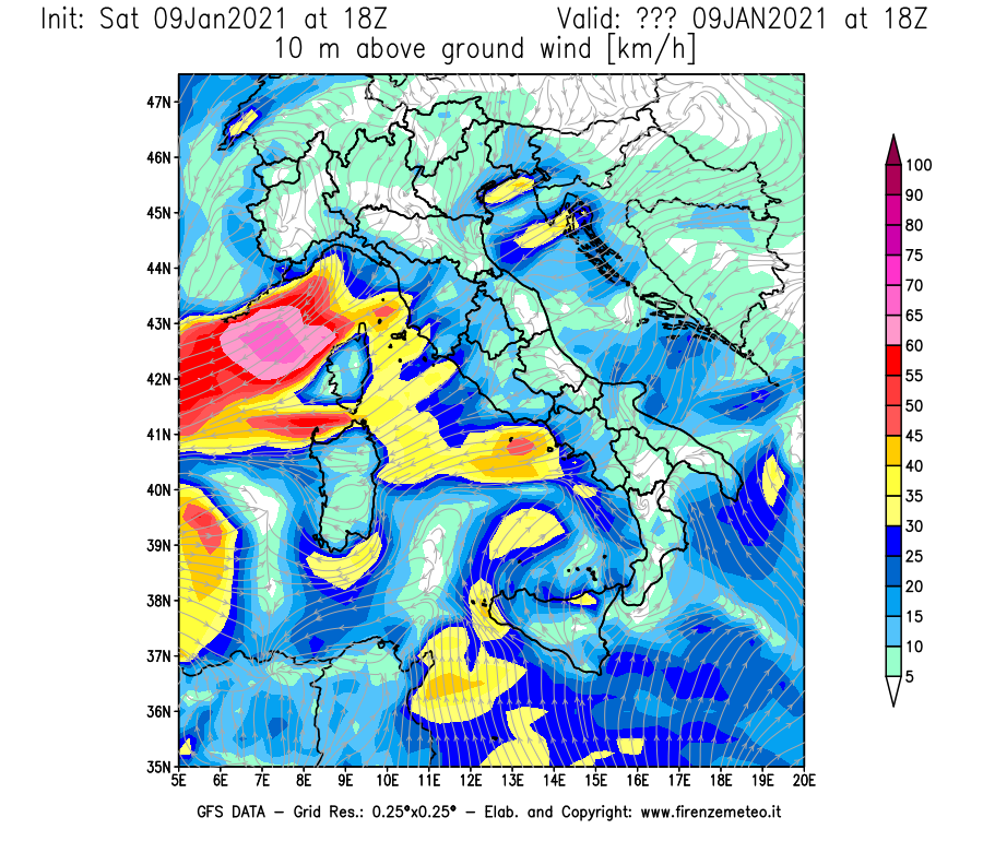 Mappa di analisi GFS - Velocità del vento a 10 metri dal suolo [km/h] in Italia
							del 09/01/2021 18 <!--googleoff: index-->UTC<!--googleon: index-->