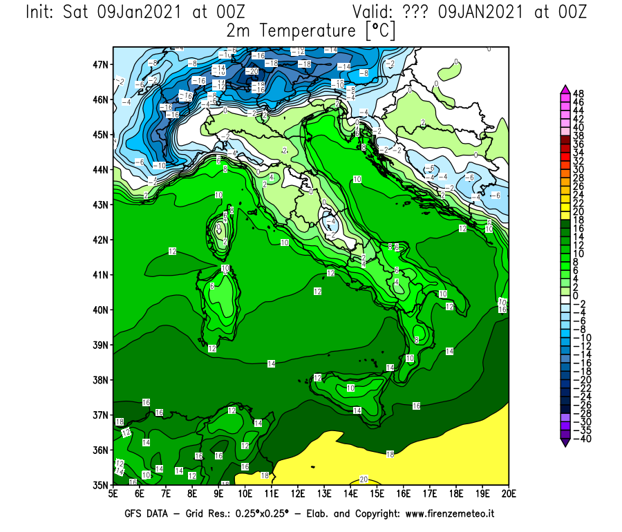 Mappa di analisi GFS - Temperatura a 2 metri dal suolo [°C] in Italia
							del 09/01/2021 00 <!--googleoff: index-->UTC<!--googleon: index-->