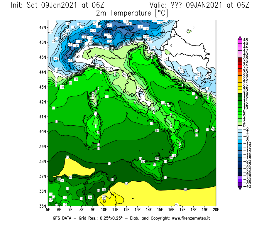 Mappa di analisi GFS - Temperatura a 2 metri dal suolo [°C] in Italia
							del 09/01/2021 06 <!--googleoff: index-->UTC<!--googleon: index-->