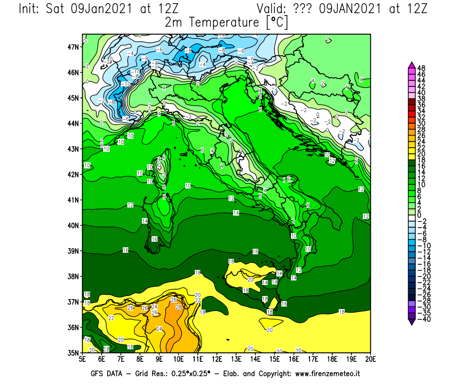 Mappa di analisi GFS - Temperatura a 2 metri dal suolo [°C] in Italia
							del 09/01/2021 12 <!--googleoff: index-->UTC<!--googleon: index-->