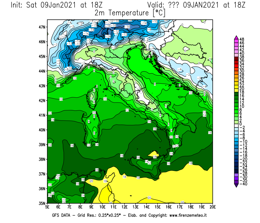 Mappa di analisi GFS - Temperatura a 2 metri dal suolo [°C] in Italia
							del 09/01/2021 18 <!--googleoff: index-->UTC<!--googleon: index-->