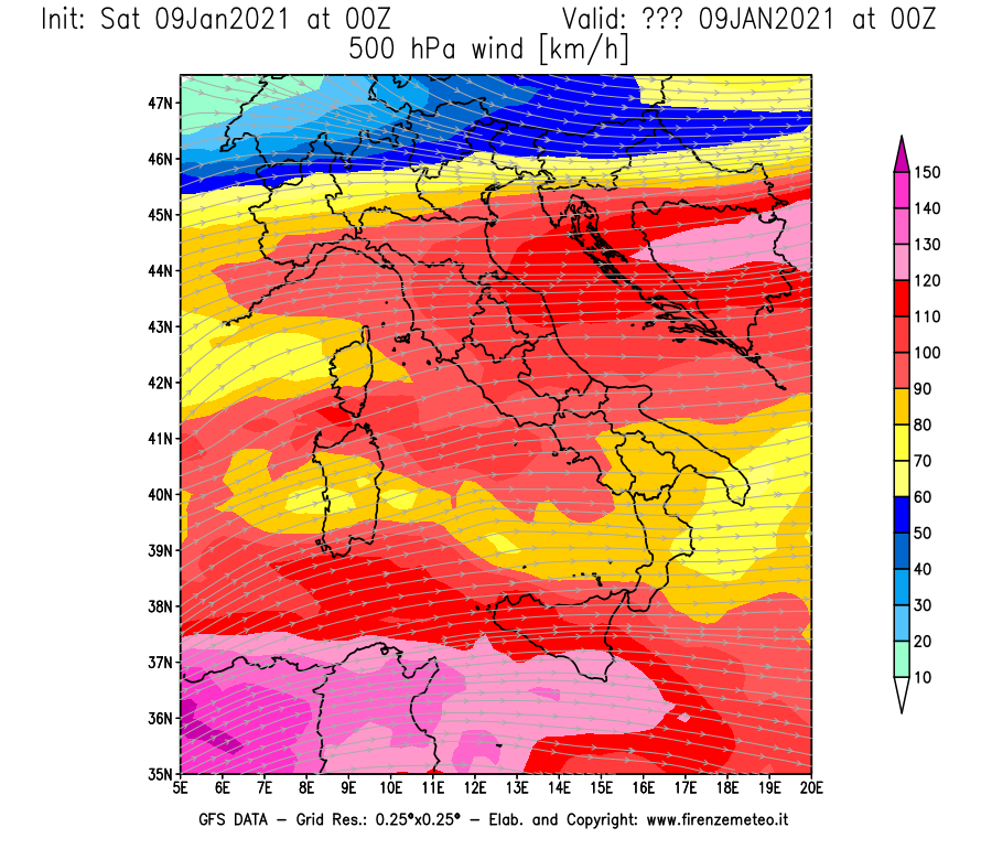 Mappa di analisi GFS - Velocità del vento a 500 hPa [km/h] in Italia
							del 09/01/2021 00 <!--googleoff: index-->UTC<!--googleon: index-->
