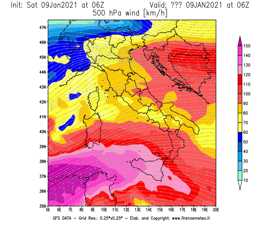 Mappa di analisi GFS - Velocità del vento a 500 hPa [km/h] in Italia
							del 09/01/2021 06 <!--googleoff: index-->UTC<!--googleon: index-->