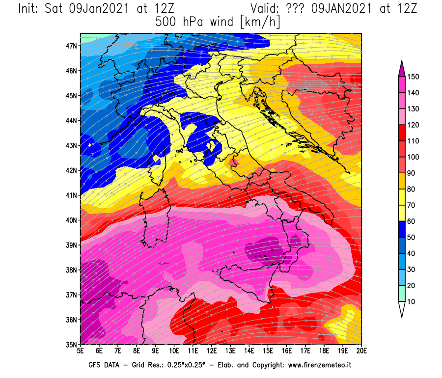 Mappa di analisi GFS - Velocità del vento a 500 hPa [km/h] in Italia
							del 09/01/2021 12 <!--googleoff: index-->UTC<!--googleon: index-->