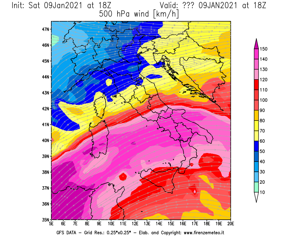 Mappa di analisi GFS - Velocità del vento a 500 hPa [km/h] in Italia
							del 09/01/2021 18 <!--googleoff: index-->UTC<!--googleon: index-->