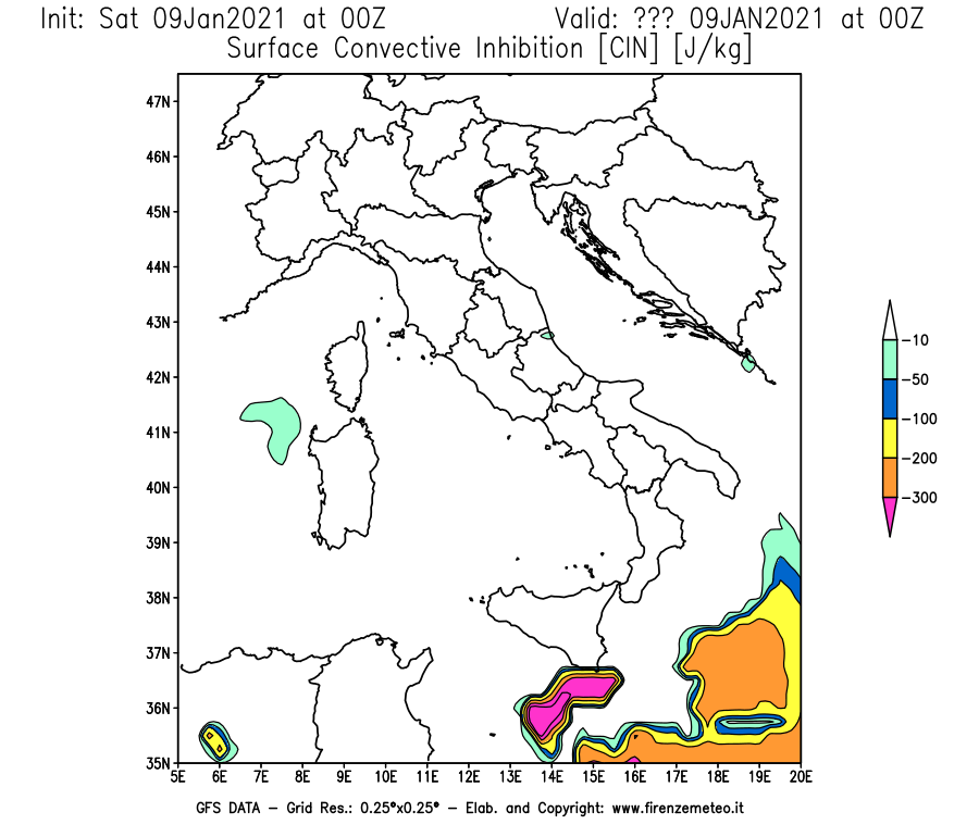 Mappa di analisi GFS - CIN [J/kg] in Italia
							del 09/01/2021 00 <!--googleoff: index-->UTC<!--googleon: index-->