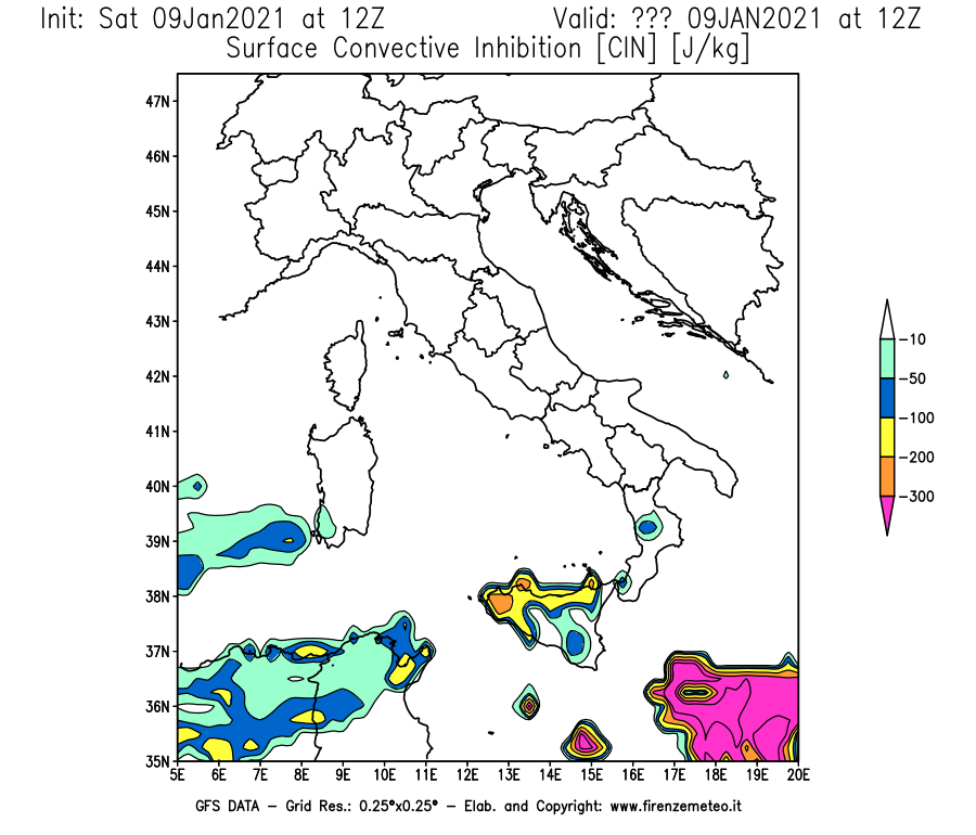 Mappa di analisi GFS - CIN [J/kg] in Italia
							del 09/01/2021 12 <!--googleoff: index-->UTC<!--googleon: index-->