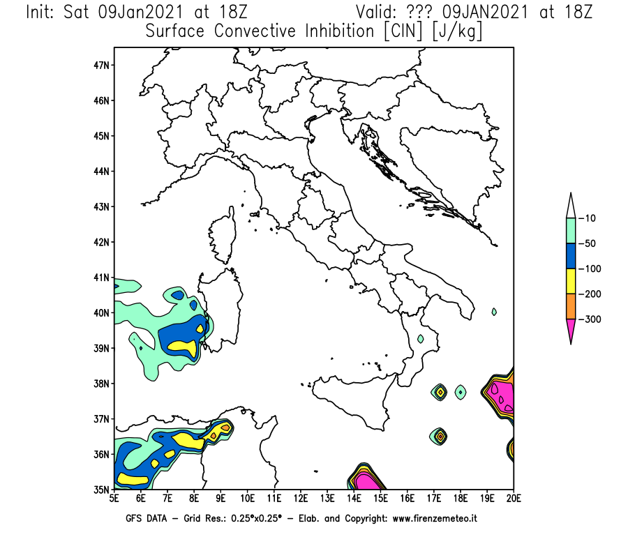 Mappa di analisi GFS - CIN [J/kg] in Italia
							del 09/01/2021 18 <!--googleoff: index-->UTC<!--googleon: index-->