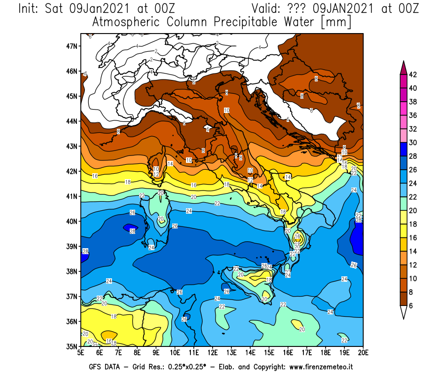 Mappa di analisi GFS - Precipitable Water [mm] in Italia
							del 09/01/2021 00 <!--googleoff: index-->UTC<!--googleon: index-->