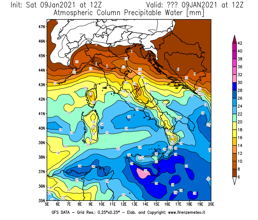 Mappa di analisi GFS - Precipitable Water [mm] in Italia
							del 09/01/2021 12 <!--googleoff: index-->UTC<!--googleon: index-->